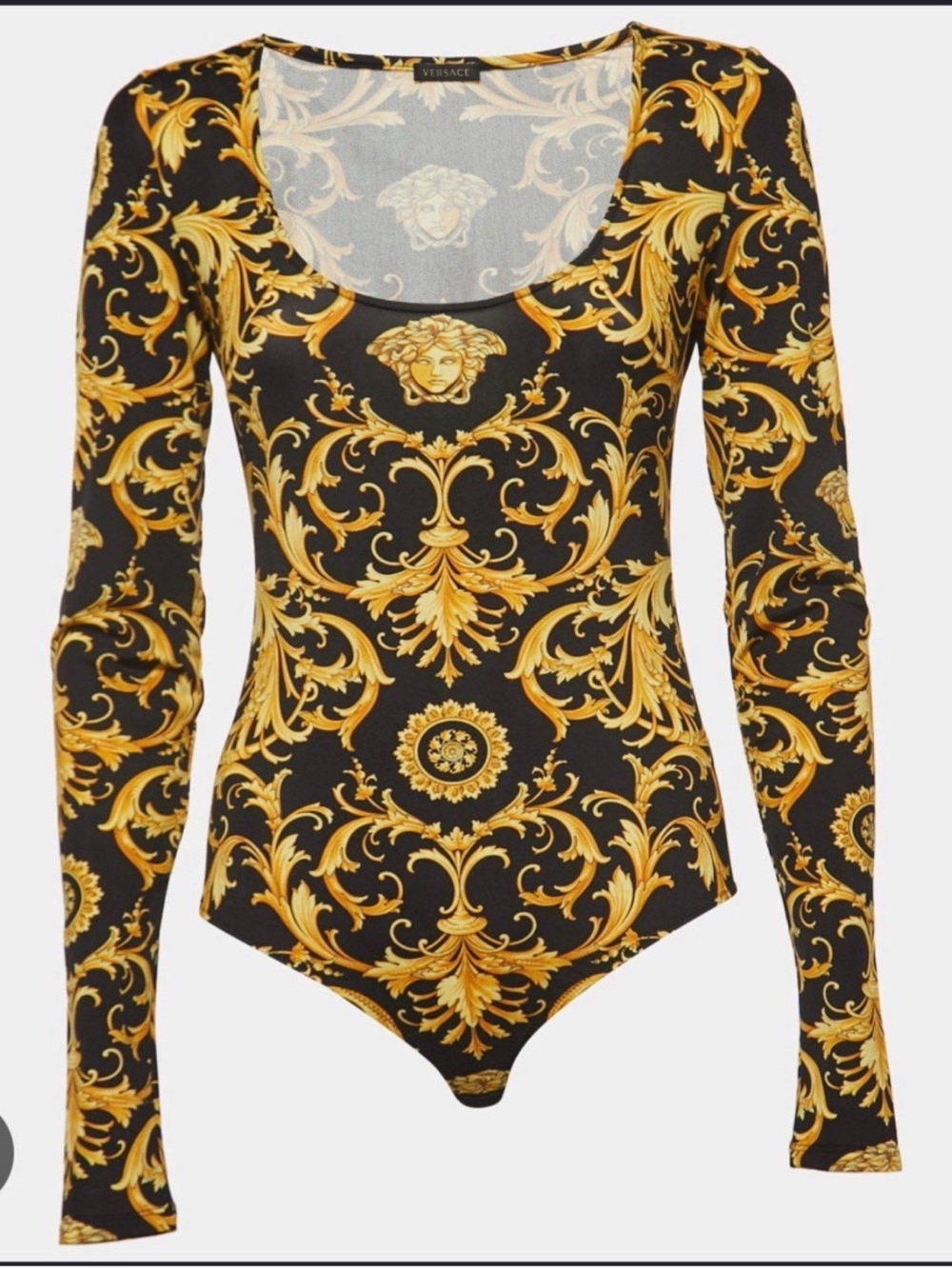 Versace Black and Gold Medusa Renaissance Scoop-Neck Long-Sleeve Bodysuit